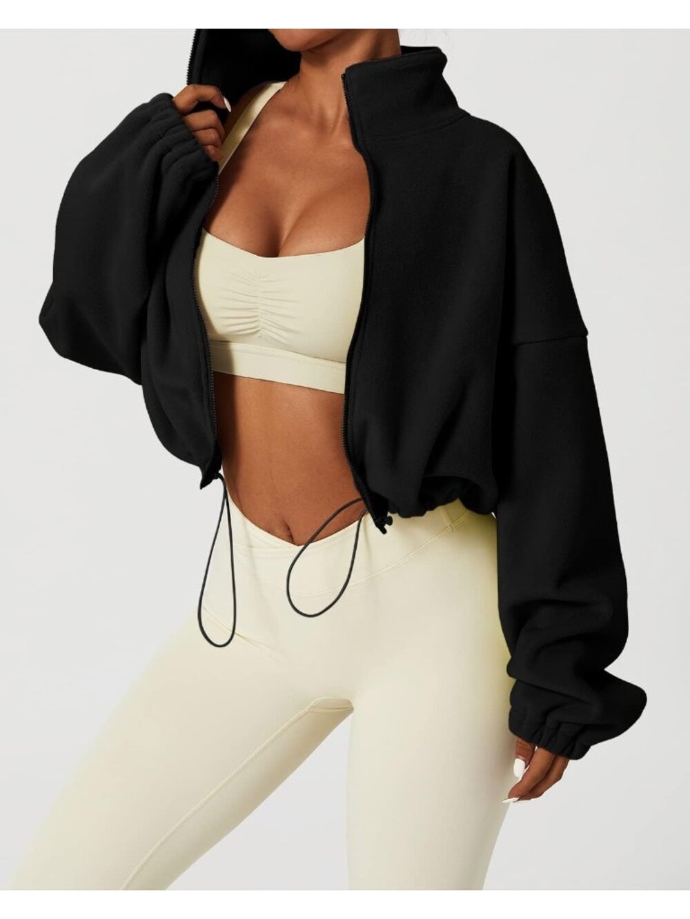 Women’s Black Cropped Sherpa Full Zip Warm Winter Coat Fleece Jacket - Picture 2 of 5